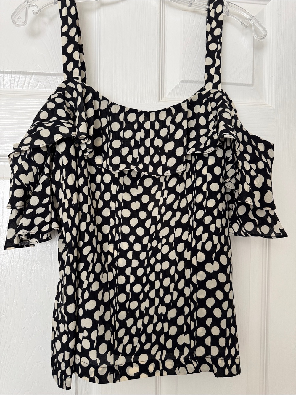 J. Crew Black and White Silk Polka Dot Ruffle Cold-Shoulder Blouse